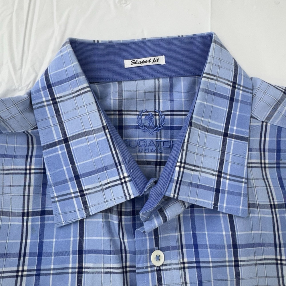 Bugatchi Men Shirt XL Shaped Fit Blue Pink Plaid Button Up Long Sleeve Flip Cuff